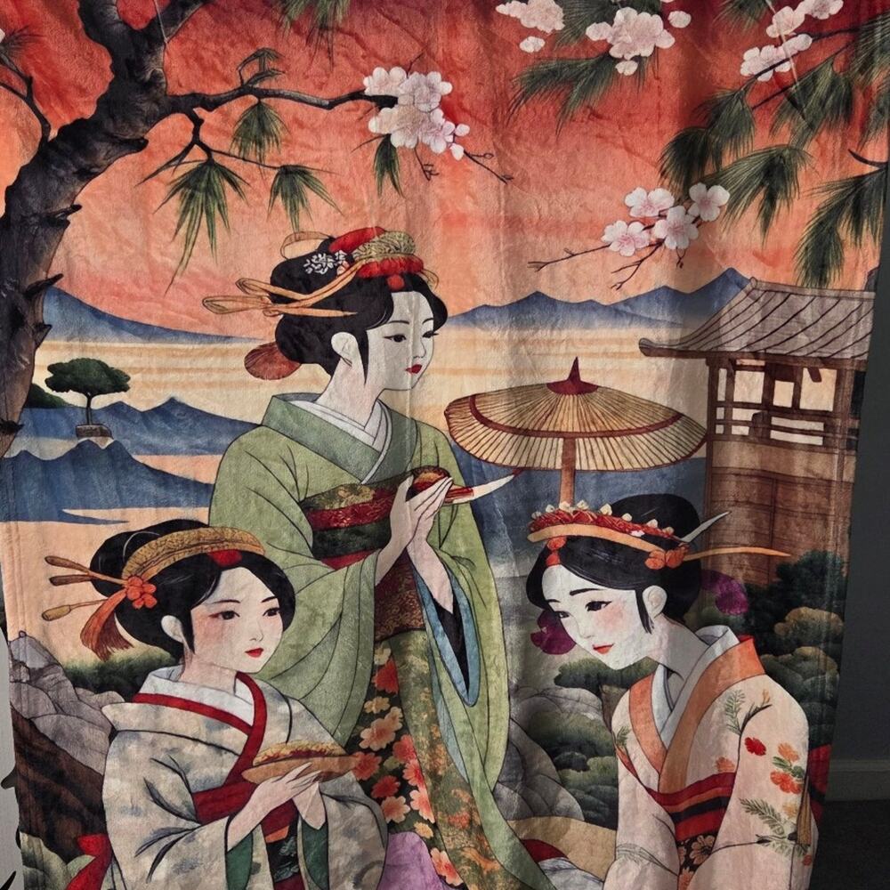 Japanese Geisha Women Floral Plush Throw Blanket 40x50 Asian Art NWOT